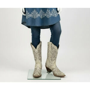 J.B. Dillon Womens 6B Ivory Leather Boots Western Silver Inlay Made in Mexico